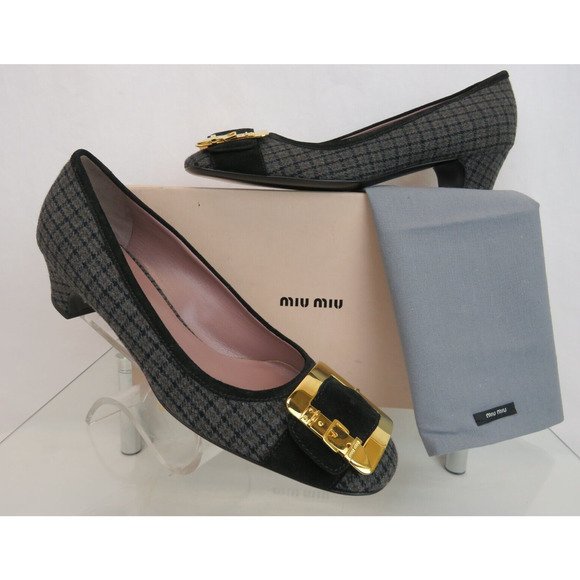 MIU MIU PRADA 5F3505 BLACK SUEDE GRAY CHECK TWEED GOLD BUCKLE BALLET PUMPS 40